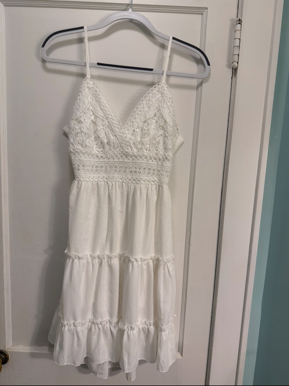 White Crochet Tie Back Ruffle Mini Dress